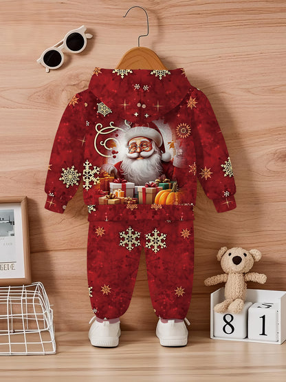 2pcs Girls' Santa Claus Face & 3D Print Hooded Sweatshirt & Pants Set - Red & Golden Christmas Outfit with Santa Hat & Reindeer Design, Casual Winter Clothes for Toddlers & Kids, Perfect Gift for Little Boys & Girls (Machine