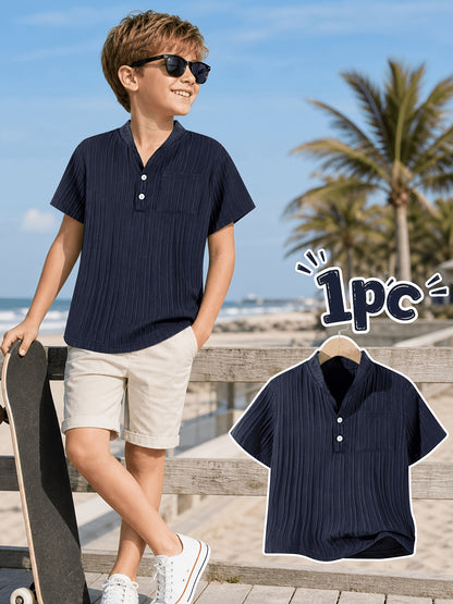 Boys' Casual Button-Up Short Sleeve Shirt with Cardigan Collar - ayq