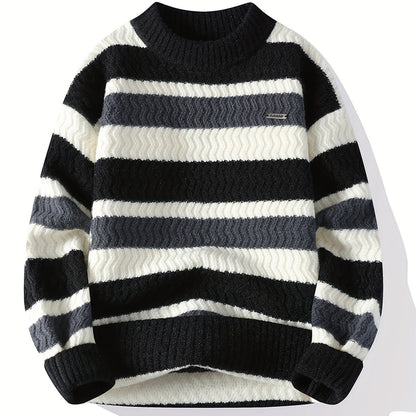 Men'S Thick Warm Sweater - Long Sleeve Round Neck Pullover with Vertical Stripes in Green/ - Cozy Fall/Winter Sweater for Everyday & Formal Outfits, Knit, Winter Clothing, Classic Knitwear, Ribbed Texture, Casual Wear, Stylis