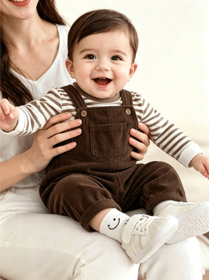 Baby Boys' Coffee-Stripe Long-Sleeve Overalls Set, Casual 2-Piece - ayq