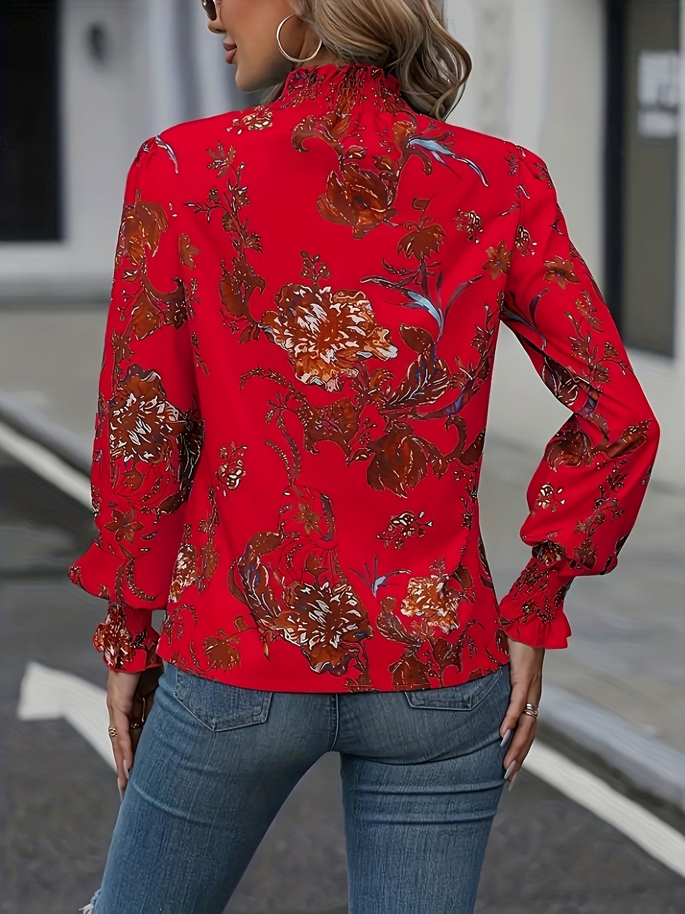 Women's Elegant Chinese-Inspired Peony & Bird Floral Print Blouse - Red High Neck Long Sleeve Shirt with Ruffled Collar &, Wrinkle-Resistant Machine Washable All-Season Top for, Wedding Guest, Casual Outfits (Non-