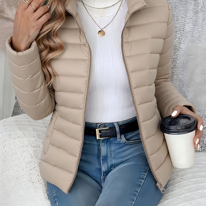Women's Lightweight Winter Coat - Elegant Stand Collar Long Jacket, Machine Washable Cold Weather Outerwear for Fall/Winter, Formal & Everyday Use - Elegant Women's Outerwear, Casual Cold Wear, High Collar Design, Zipper Clos