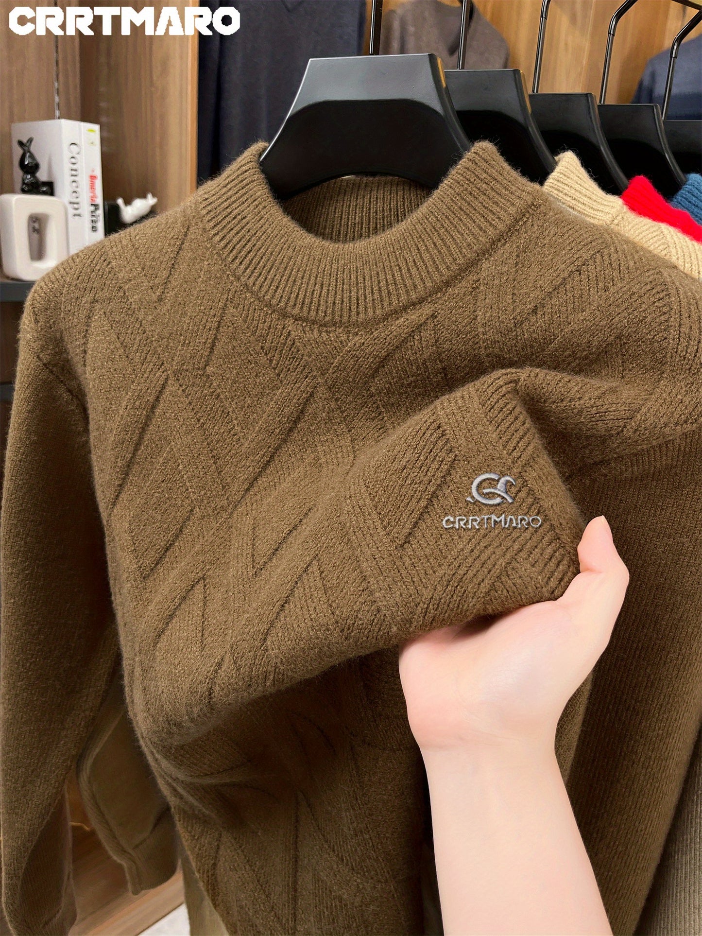 KATMARO Embroidered Sweater for Men, Round Neck, Warm for Autumn And Winter, Thickened Fleece, Half High Collar Base Layer, Casual Men'S Clothing by Shengyida