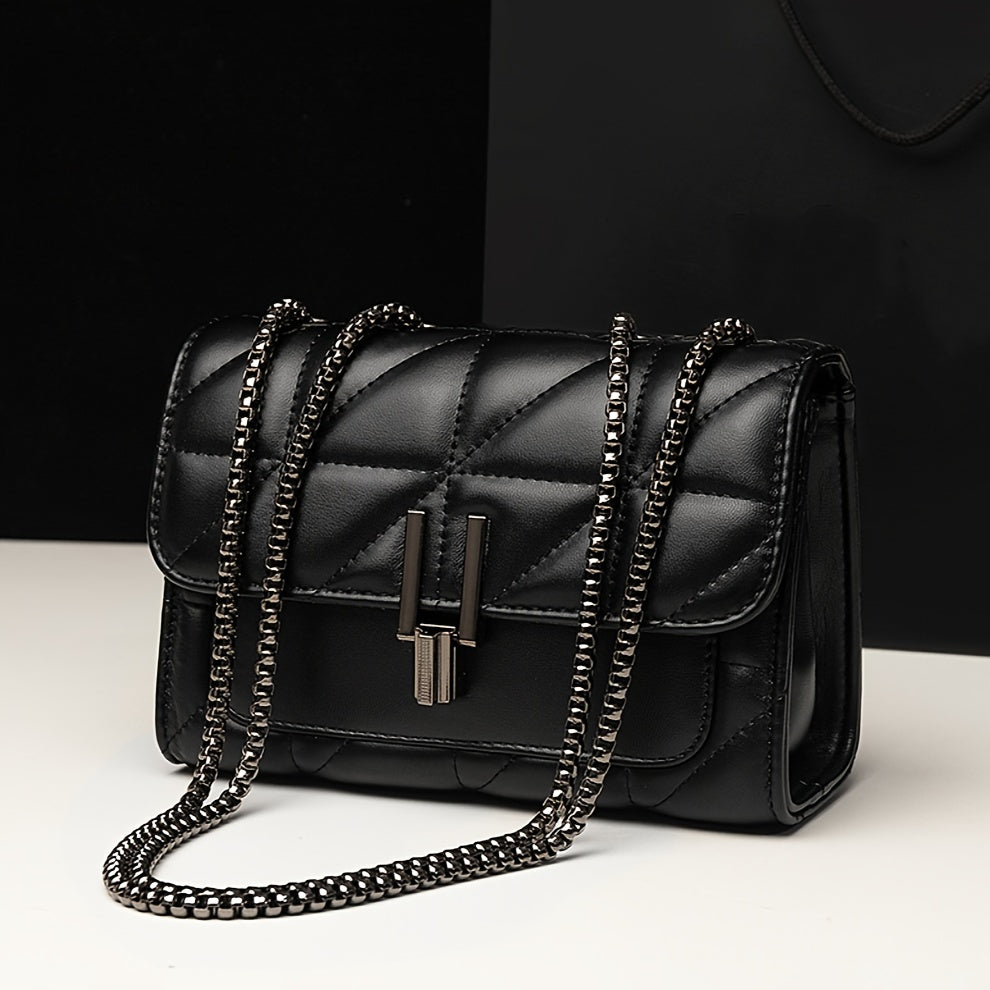 A Women'S Black Plaid Crossbody Bag with a Stylish Chain Shoulder Strap, Featuring a Flap Closure And PVC Lining, Designed for Ladies - Urban Style, Not Washable