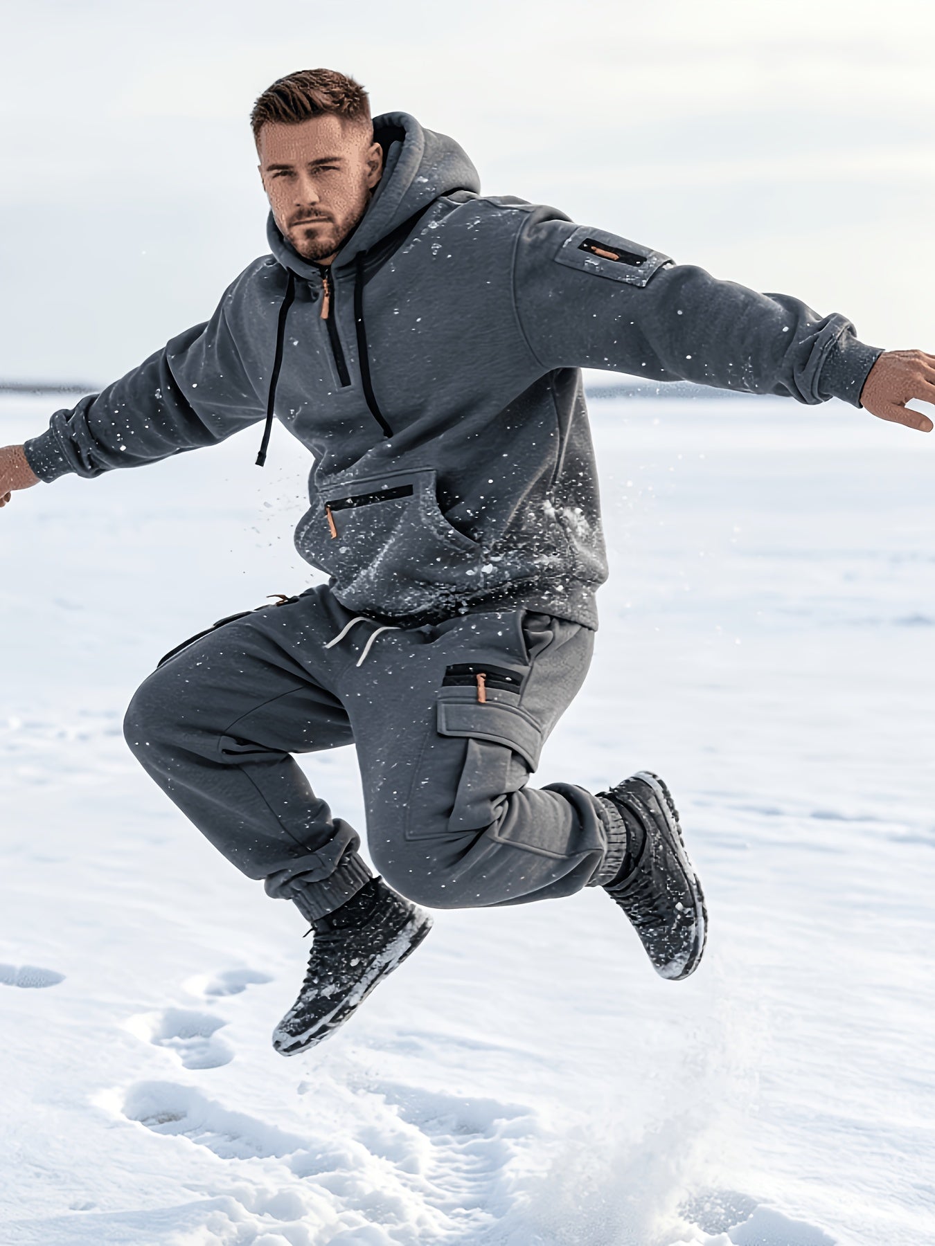 Men's Casual Hooded Tracksuit Set with Zipper Pockets