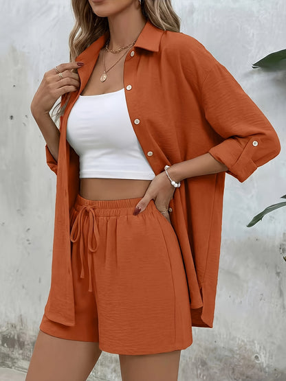 Women's Casual Long-Sleeve Shirt & High-Waist Shorts Set for Spring/Su