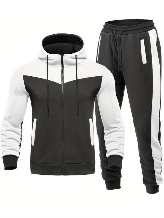 Men'S Casual Hoodie Set for Autumn And Winter, Featuring a Hooded Sweatshirt And a Sporty Cardigan in a Patchwork Design.