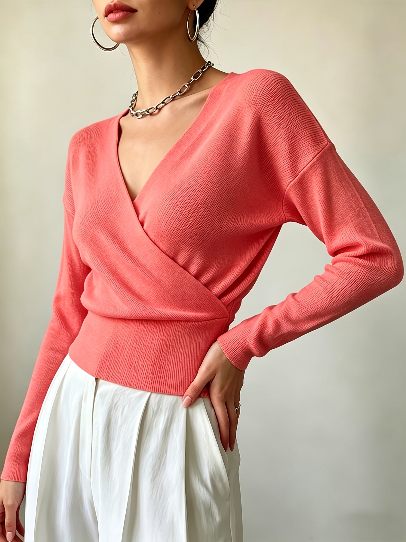 Women's Elegant Cross-Collar V-Neck Pullover Knitwear for Fall/Winter