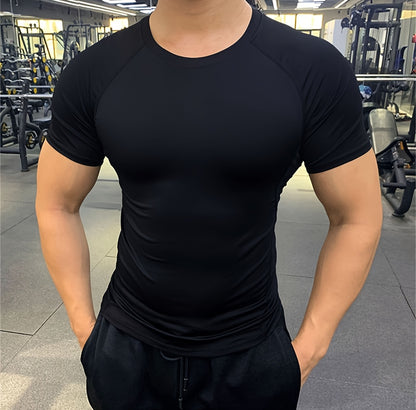 Men's Quick-Dry Athletic T-Shirt - Stretchy, Breathable Polyester, Short Sleeve, Round Neck, Black, Gym  Running Workout Essential, Sports Clothing   Sleek Athletic Tee   Breathable Fabric, Workout Clothes