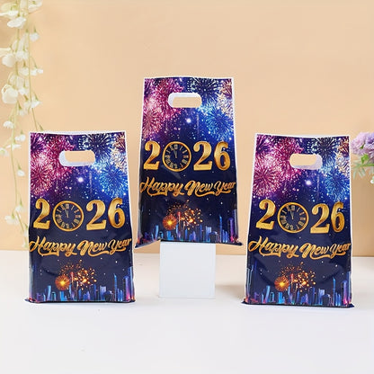 10/25/50pcs FengRise 2026 Happy New Year Fireworks Countdown Clocks Gift Bags - Vibrant Fireworks & Cityscape Design, Durable Plastic Party Favor Bags for New Year'S Eve, Birthday, Wedding Decorations, New Year Gifts, Festive