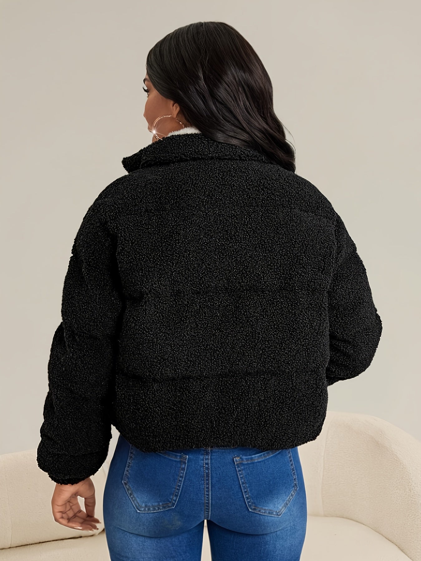 Women's Winter Warm Faux Fur Coat with Plush Lining - Full-Zip Long Sleeve Solid Black Jacket, Machine Washable Casual Outerwear for Cold Weather, Faux Fur Collar & Plush Lining, Versatile Everyday Coat