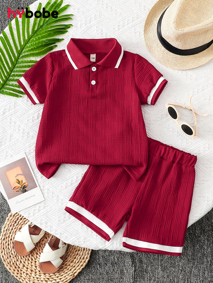 Boys' Summer Casual Half-Button T-Shirt and Shorts Set