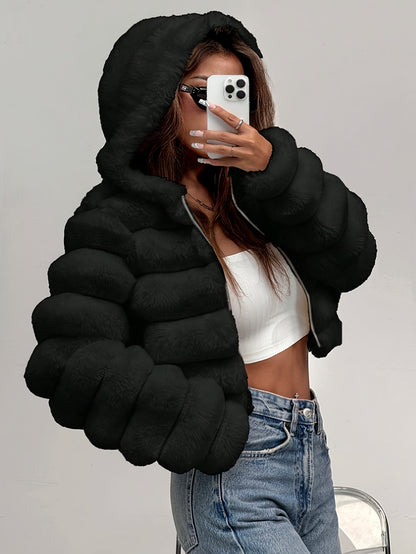 Women'S Elegant Black Faux Fur Hooded Jacket - Short Length Winter Coat with Zipper Closure, Long Sleeves, Solid Color, Casual Style for Fall/Winter, Winter Outerwear | Elegant Hooded Jacket | Zipper Closure Jacket