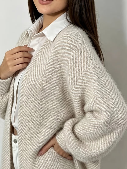 Plus Size Elegant Striped Lantern Sleeve Cardigan for Fall