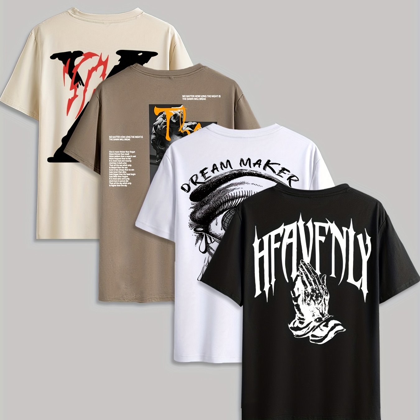 4pcs Men's Graphic Tees - "Heavenly"  More Designs, Casual Crew Neck Short Sleeve T-Shirts in Beige, Black, White - Lightweight Polyester for Summer Outdoor Wear