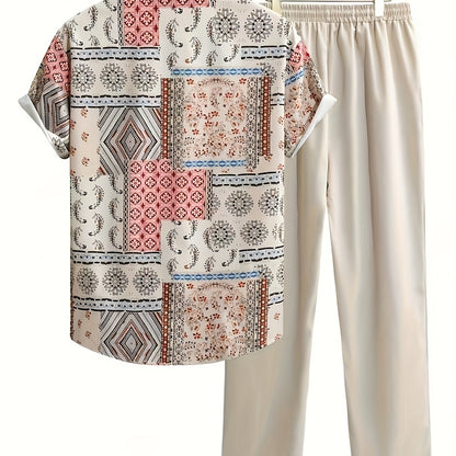 2pcs Summer Men'S Print Shirt and Pants Set Vacation 2pcs Suit, Perfect for Outdoor