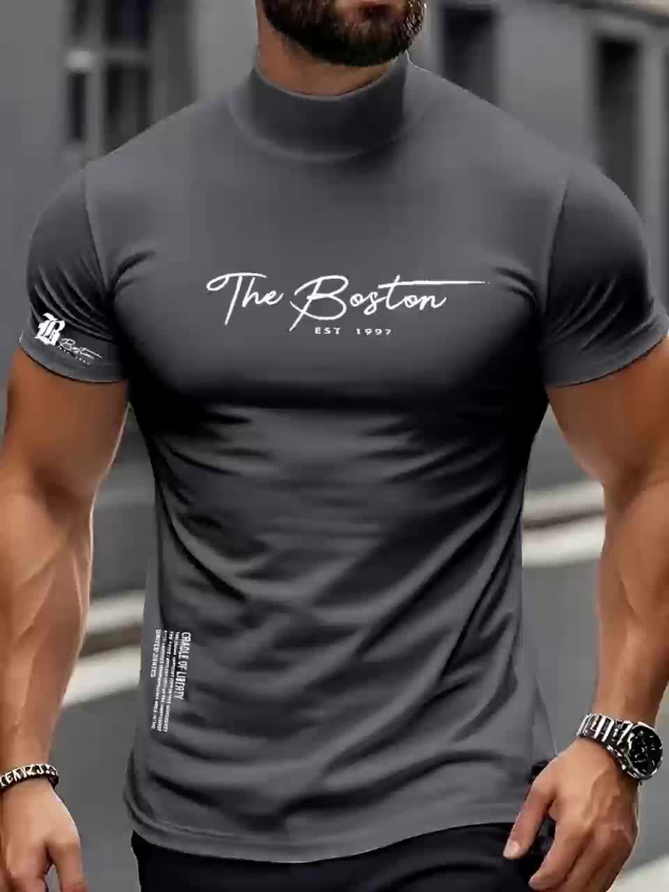 Men's Slim Fit Breathable Moisture-Wicking Short Sleeve T-Shirt - Lightweight All-Season Small Stand-Up Collar Tee with Boston Letter Print for Gym, Outdoor  Casual Wear, Active Lifestyle, Modern Design, Durable Construction