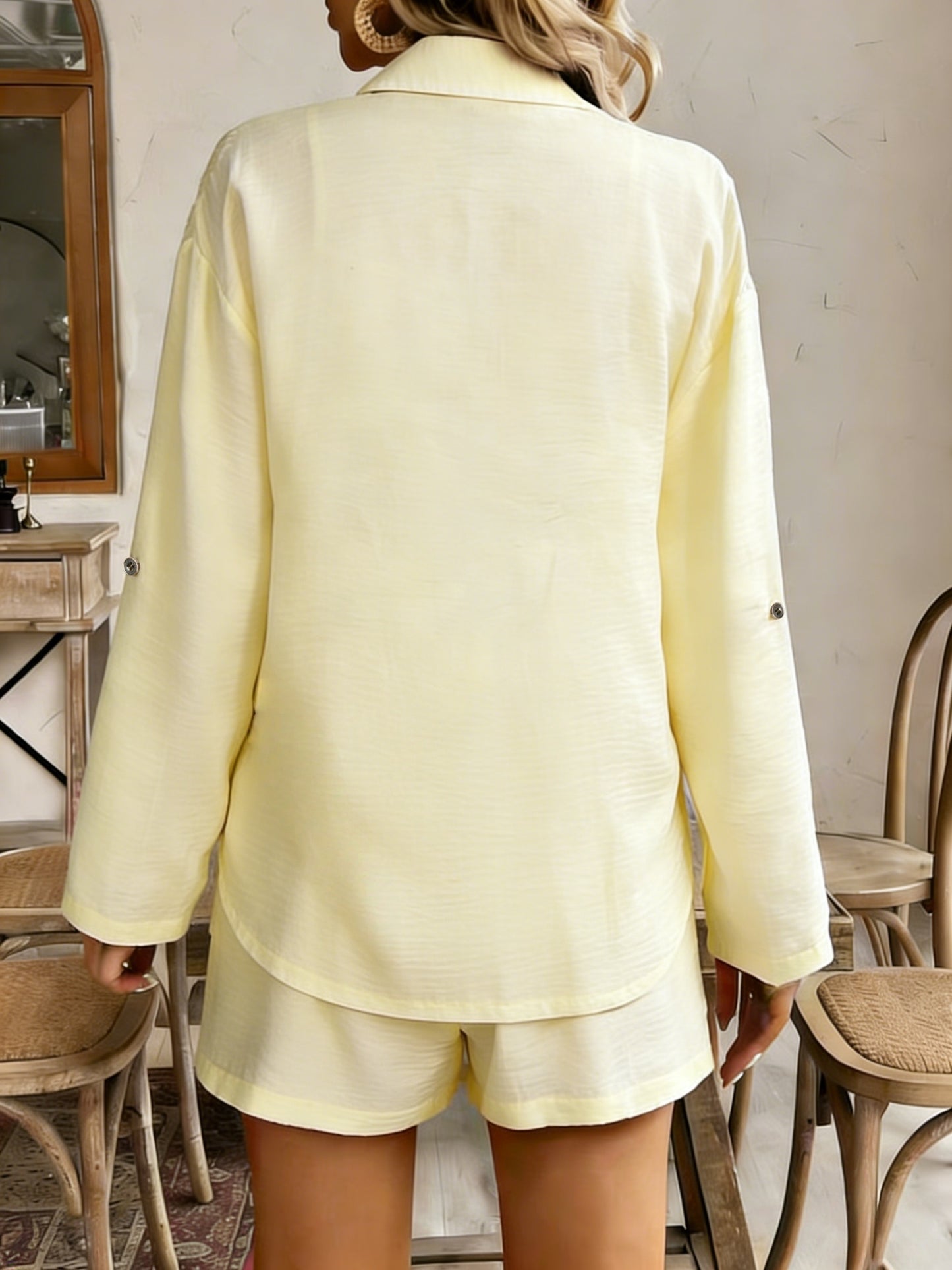 Women's Casual Loose Fit Shirt & Shorts Set, Polyester