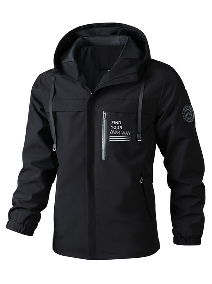 Men'S Stylish Black Hooded Windbreaker Jacket with Zipper Pockets - Casual, Loose Fit, Long Sleeve, Polyester Lining, Perfect for Spring and Fall, Casual Wear Jacket|Hooded Jacket|Zippered Jacke