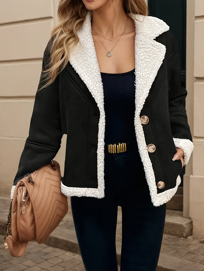 Black Button-Front Jacket, Soft Teddy Texture, Machine Washable Warm Coat for Casual and Formal Occasions, Stylish Design with Elegant Cut, Fleece-Lined Plush Fabric, Office Attire, Classic Look, Trendy Winter Wear