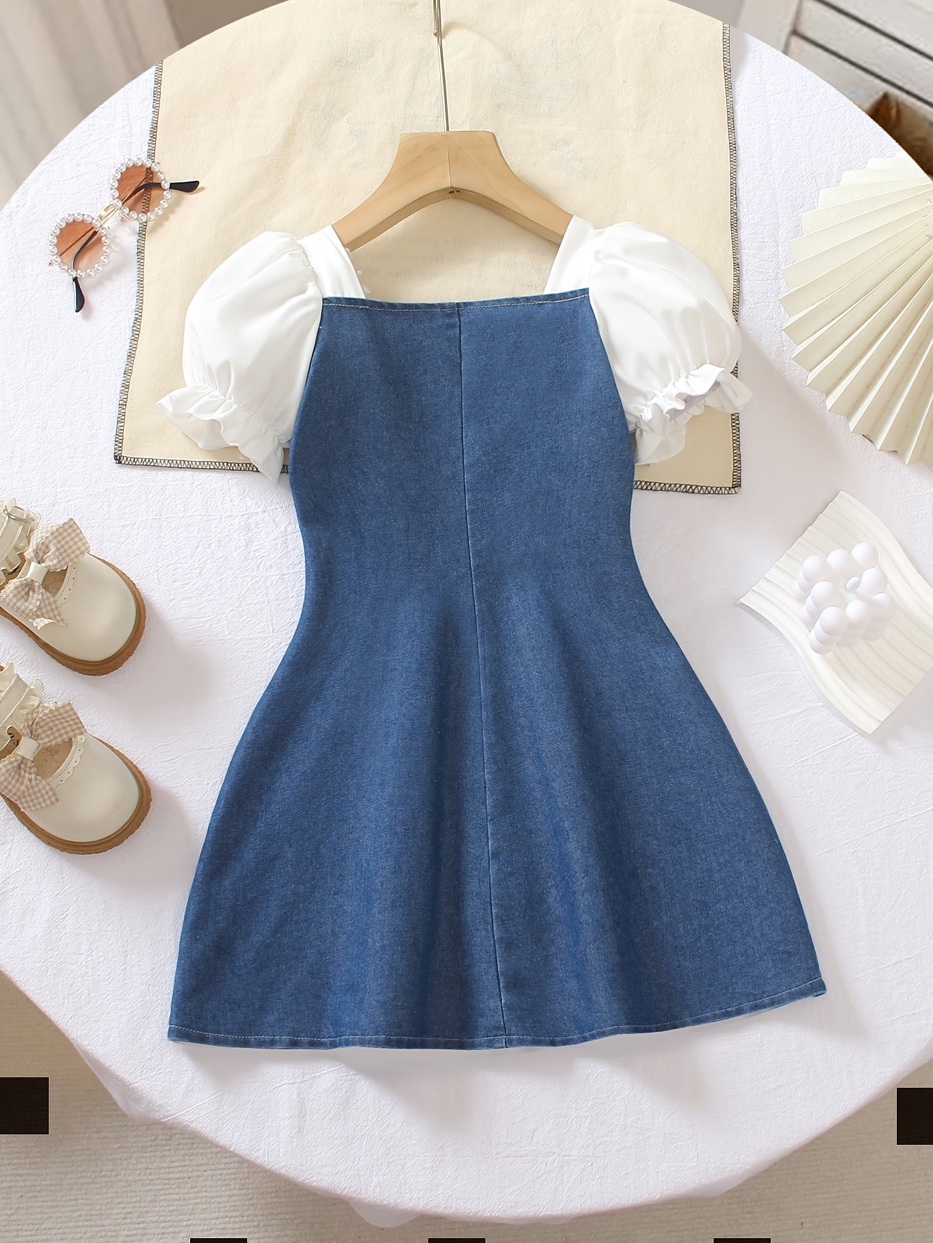 Girls' Casual Knee-Length Denim Dress with Bow & Square Neck