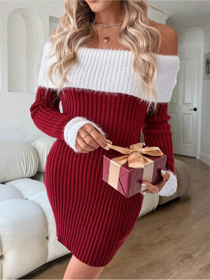 Women's Elegant Off-Shoulder/Boat Neck Dress with Color-Block Bodice & Solid - Winter Wedding Guest Gown, Christmas Party Dress, Hand Washable Fall/Winter Formal Attire (Non-)