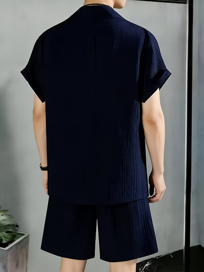 Men's Casual Summer 2-Piece Set: Stand Collar Shirt & Shorts
