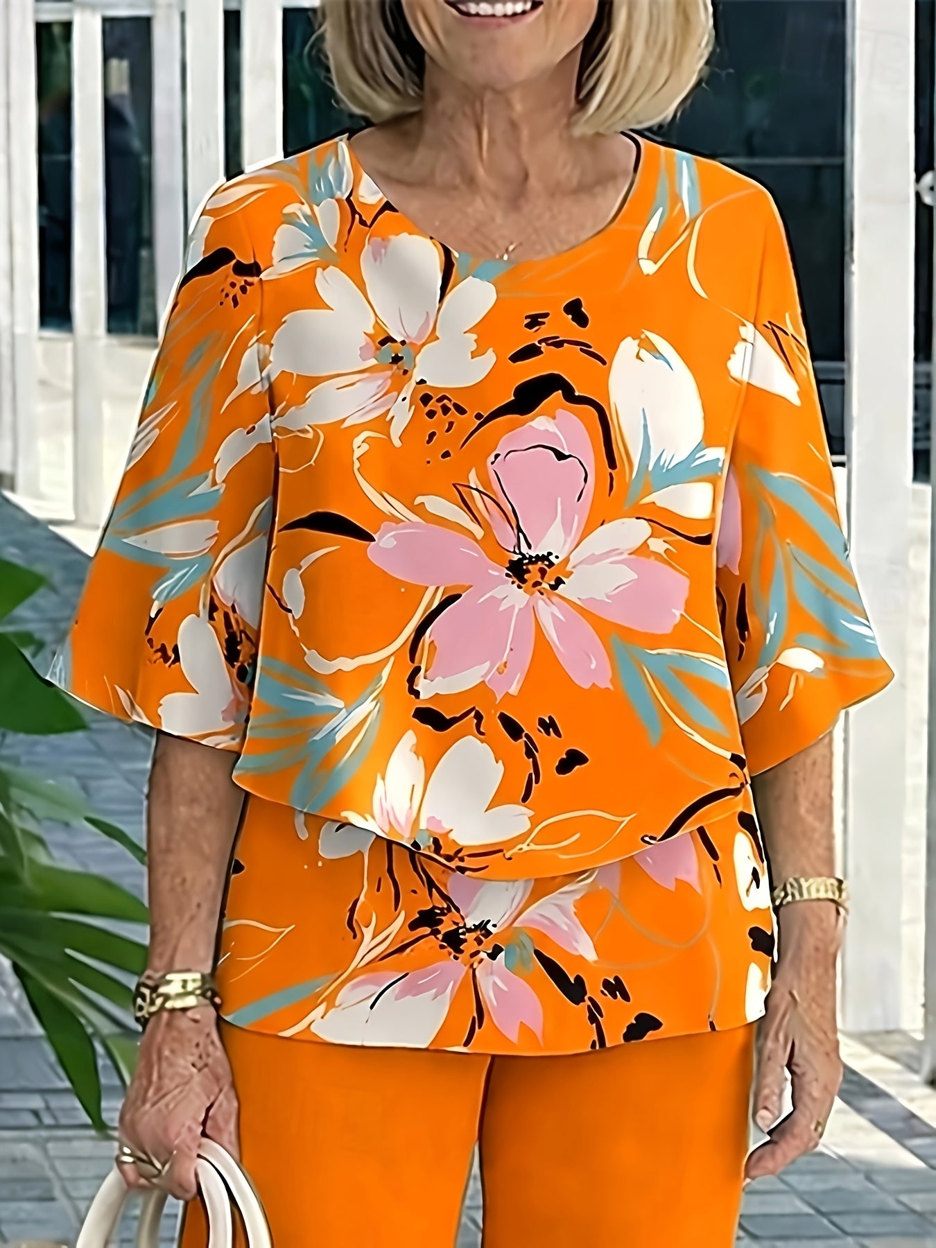 Women's Elegant Floral Pantsuit Set Short Sleeve for Spring