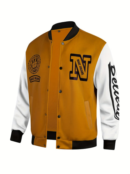 Men's Letter Print Contrast Color Baseball Jacket