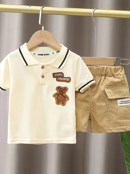 Kids' Cotton Animal Print Short-Sleeve T-Shirt Set, Casual Lapel Style