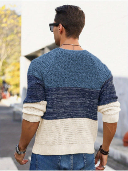 Men's Autumn and Winter Color Block Knit Sweater, Crew Neck Pullover