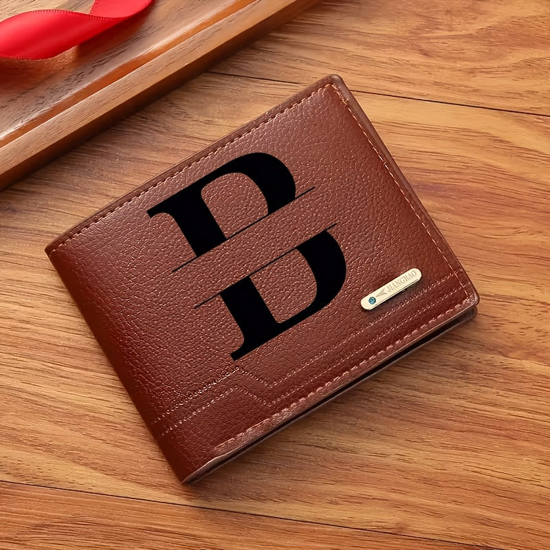 1pc Men's Business Style Faux Leather Wallet, Customizable Text and Initials, Solid Color Faux Leather with Contrast Accents, Compact Short Bifold Design for Easy Carrying - Perfect Birthday Gift for Boyfriend and Father, Per