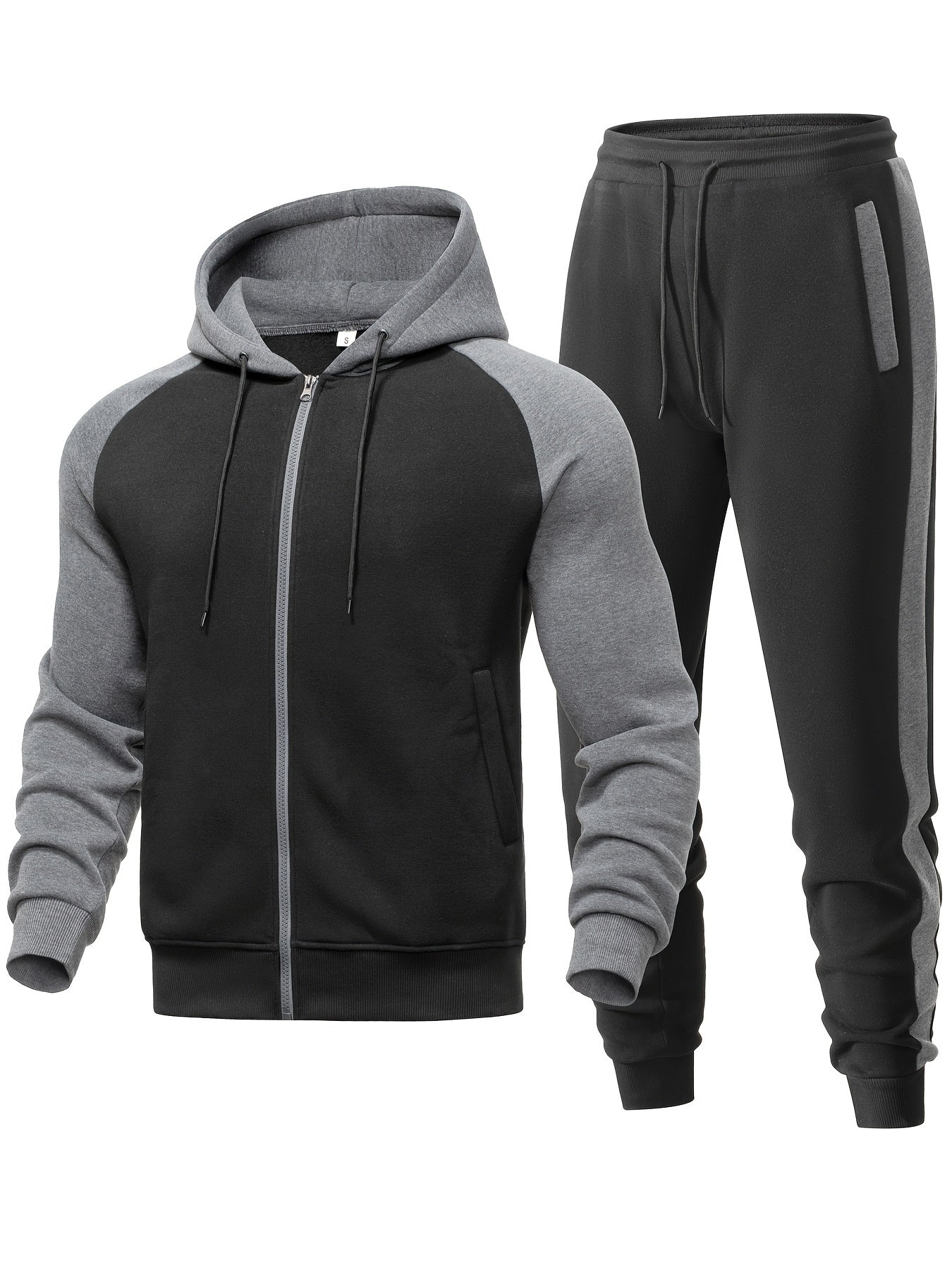 Men's Casual Sports Hoodie Two-Piece Set Four Seasons Color-Matching Zipper Drawstring Waist Jogging Suit