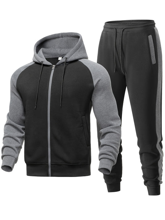 Men's Casual Sports Hoodie Two-Piece Set Four Seasons Color-Matching Zipper Drawstring Waist Jogging Suit