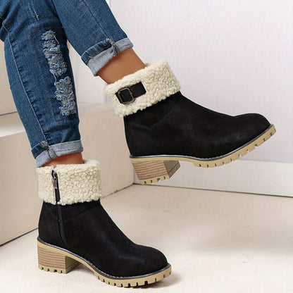 Chunky And Clssic Women'S Ankle Boots, Comfortable And Elegent Woemen Shoes. Warmth Khaki、Black And Beige Winter Women' Boots. Solid-Colored. Fleece-Lined Boots, Heighten And Non-Slip Lighhtweight Shoes with Cute Round Toe.
