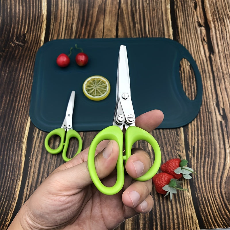 3-Layer Stainless Steel Kitchen Scissors - Versatile Onion & Herb Shredder for BBQ & Indoor Use, Durable with Protective Cover & Built-in Cleaning Agent