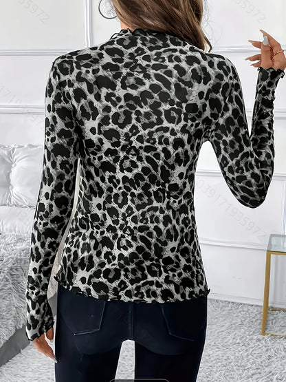 Women's Sexy Semi-Sheer Leopard Print Stretch T-Shirt - Slim Fit High Elasticity Polyester-Spandex Blend, Machine Washable All-Season Top for Casual & Formal Wear