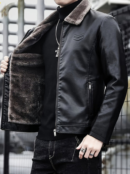 Siji Dou OBM Men's Coat, New Autumn/Winter Fleece-Lined Jacket with Faux Fur Collar, Trendy Casual Jacket for Men