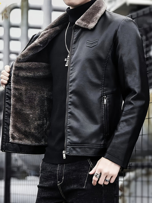 Siji Dou OBM Men's Coat, New Autumn/Winter Fleece-Lined Jacket with Faux Fur Collar, Trendy Casual Jacket for Men