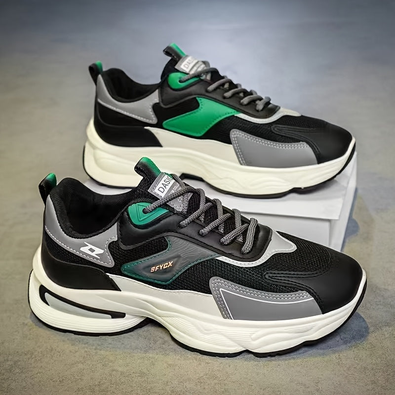 Men'S Casual Sports Shoes - Thick-Soled Lace-Up Sneakers with Synthetic Upper, Cushioned EVA Insole  PVC Sole for Outdoor Hiking, Running, Gym - All-Season Comfort in Beige/Black, Brown/White, Green/White, Versatile Trainers