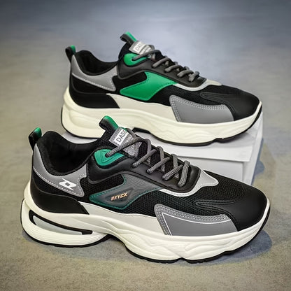 Men'S Casual Sports Shoes - Thick-Soled Lace-Up Sneakers with Synthetic Upper, Cushioned EVA Insole  PVC Sole for Outdoor Hiking, Running, Gym - All-Season Comfort in Beige/Black, Brown/White, Green/White, Versatile Trainers