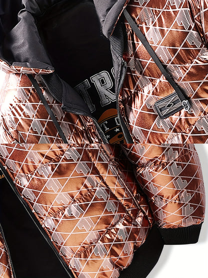 Men'S Stylish Hooded Winter Jacket - Thickened, Warm, and Trendy with Geometric Pattern, Black with Orange Accents, Polyester Filler, Perfect for Cold Weather, Winter Jacket Hooded