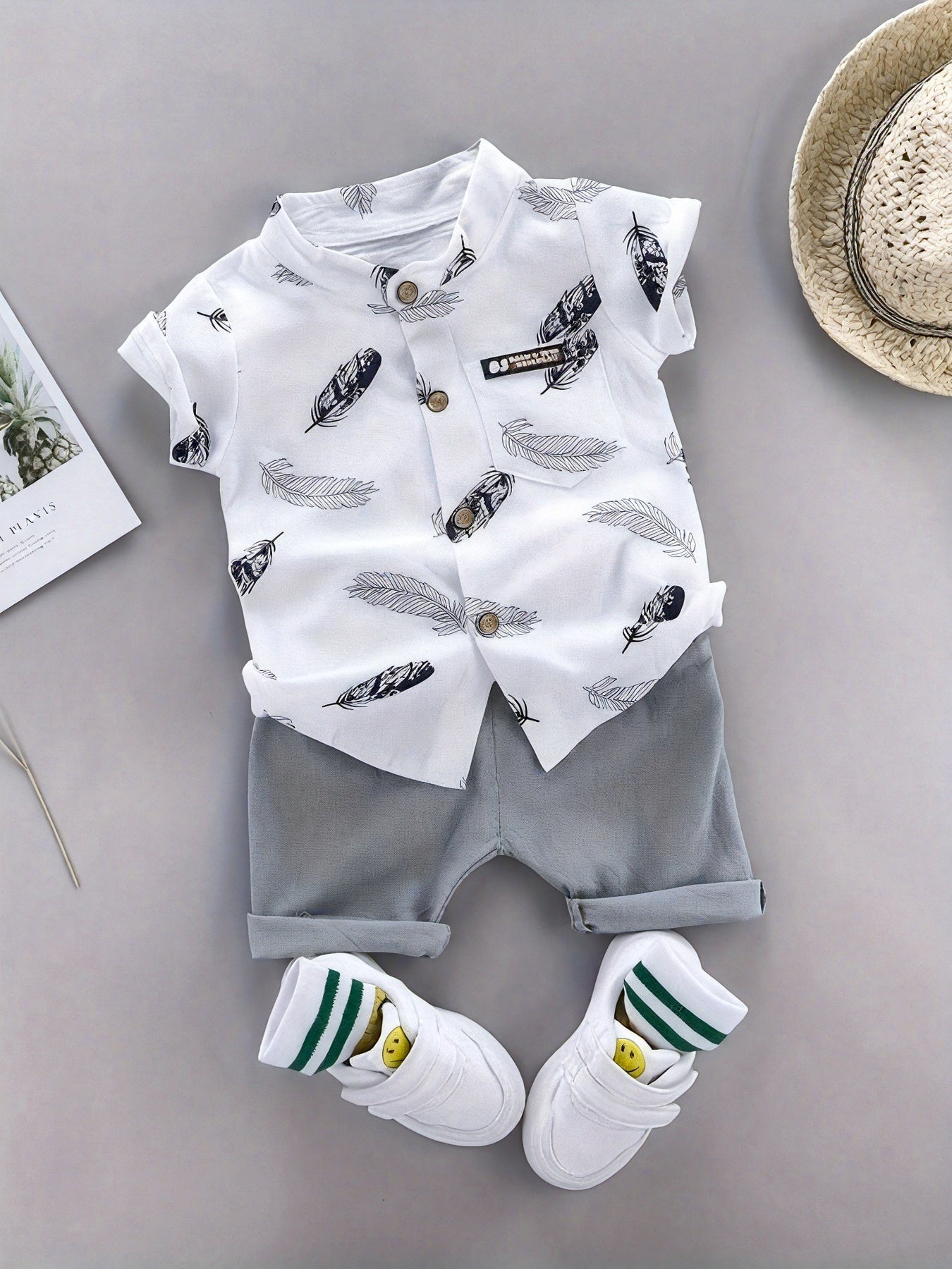 Toddler Summer Cotton Feather Print Shirt & Shorts Set