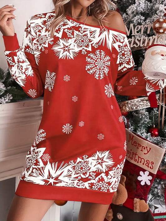 Women'S Elegant Off-Shoulder Red & Snowflake Print Winter Dress with Puff Sleeve & Round Neck - Long Sleeve Party Dress for Christmas, New Year'S Eve, Winter Events - Machine Washable, Christmas Dress, Festive Attire, Offshou