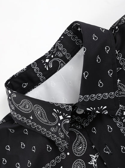 Men's Paisley Print Short Sleeve Shorts Single Button Shirt Suit with Elastic Cord and Pockets