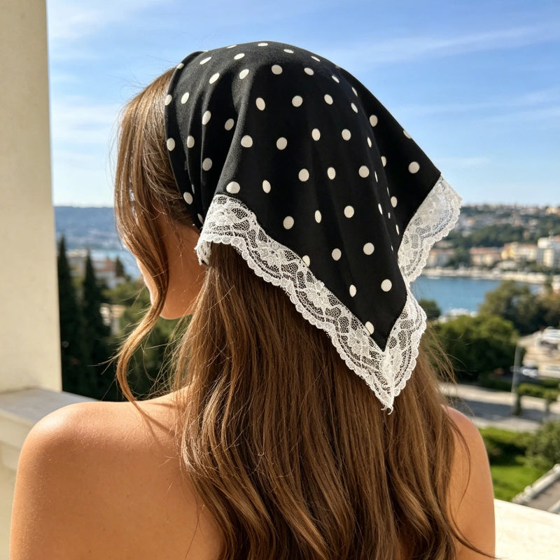 Women’s Stretch Lace Trim Polka Dot Bandana Headscarf