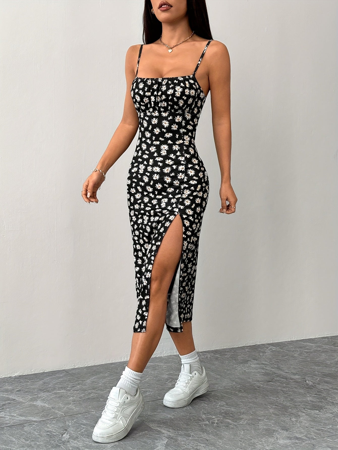 Women's Elegant Floral Midi Bodycon Dress with Side Slit