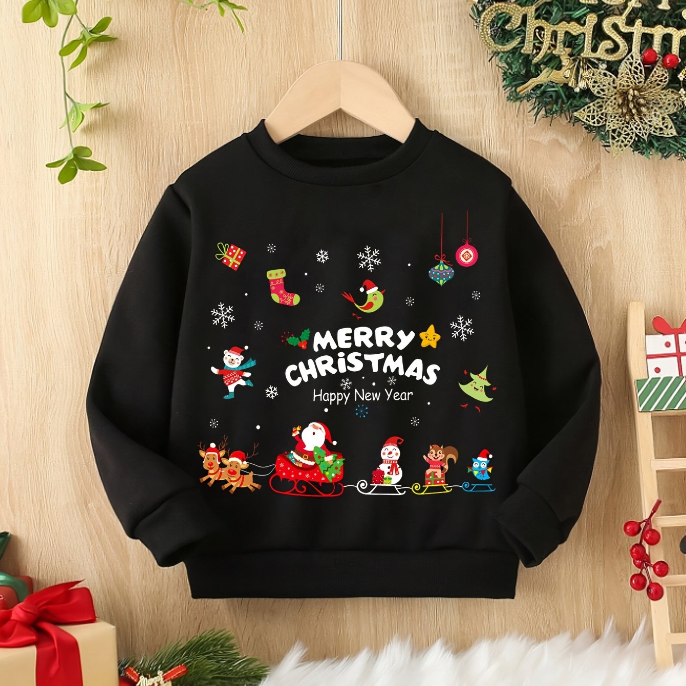 Boys' Fashionable Long-Sleeve Crew Neck Sweatshirt with Christmas Pattern and Letter Print, Casual Street Style for Spring, Autumn, Winter - Polyester