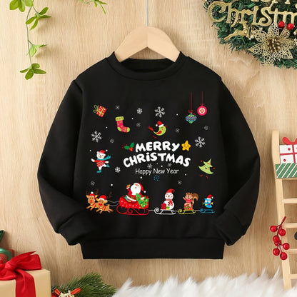 Boys' Fashionable Long-Sleeve Crew Neck Sweatshirt with Christmas Pattern and Letter Print, Casual Street Style for Spring, Autumn, Winter - Polyester