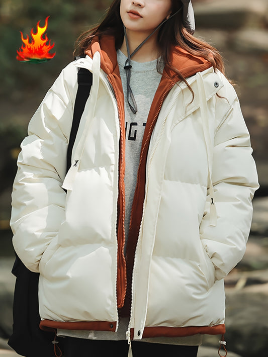 Women'S Light Blue Hooded Puffer Jacket - Cozy Fleece-Lined Winter Coat with Drawstring Hood, Casual Style for Cold Weather, Winter Coat